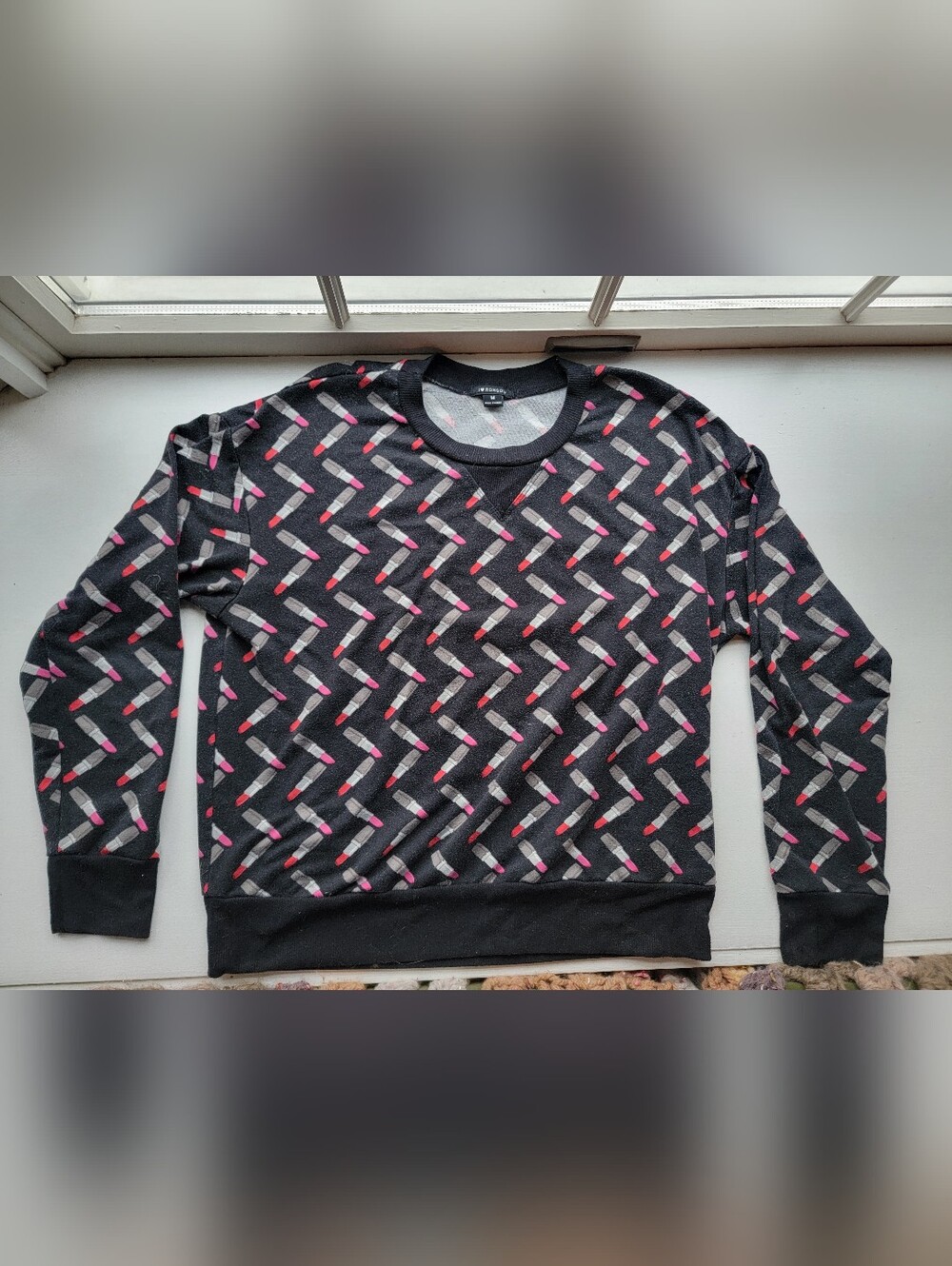 Women's Black Crewneck Sweater with cute, kitschy lipstick print